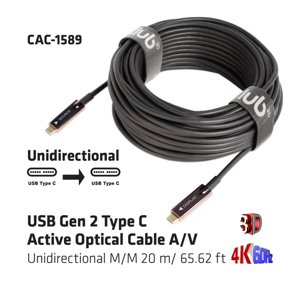 CLUB3D USB3.2 G2 TYPE-C ACT. OPT. A/V M/M 20M USB-kablar USB 3.2 Gen 2 (3.1 Gen 2) USB C Svart