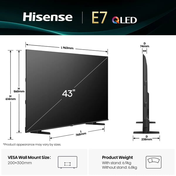 Hisense 43E77Q 109,2 cm (43") 4K Ultra HD Smart TV Wi-Fi Sort