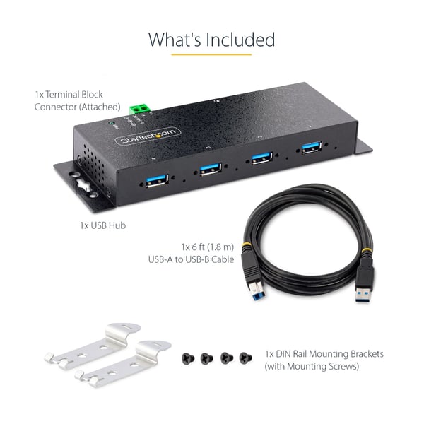 StarTech.com Industriell USB 3.0 5 Gbps-hubb med 4 portar. Robust USB-hubb med ESD- och överspänningsskydd. DIN-, vägg- eller skrivbordsmonterbar USB-A-hubb. USB-expander med låsbara portar, kraftig