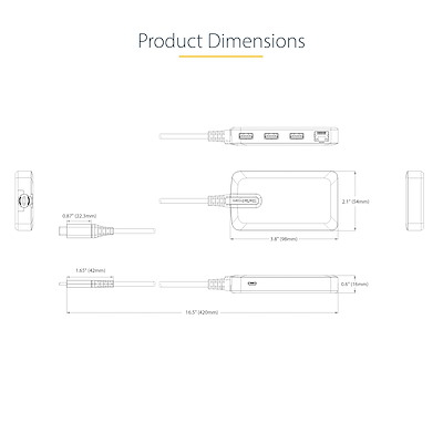 StarTech.com 3-Port USB-C Hub med Ethernet, 3x USB-A porte, Gigabit Ethernet, USB 3.0 5Gbps, Bus-Po