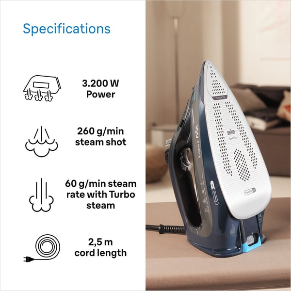 Braun TexStyle 9 0127409002 strygejern Dampstrygejern EloxalPlus soleplate 3200 W Mørkeblå