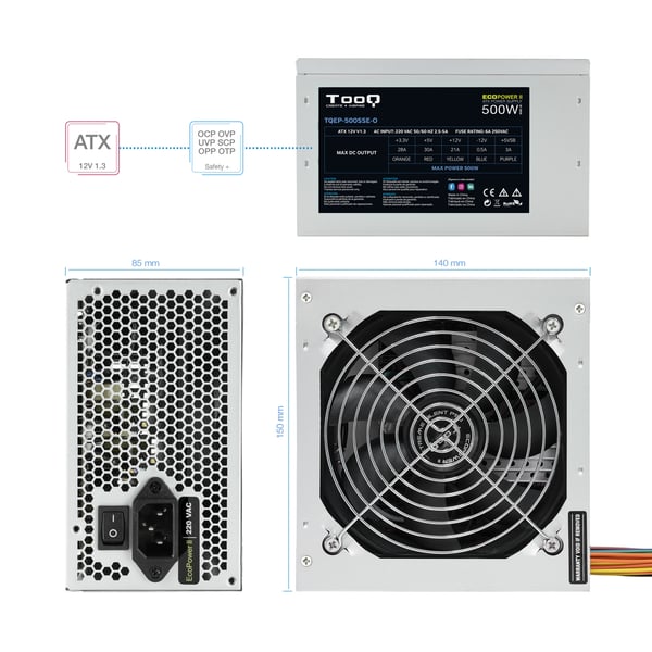TooQ Fonte Ecopower II strömförsörjningsenheter 500 W 20+4 pin ATX ATX Silver