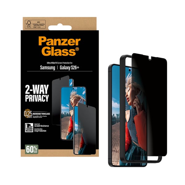 PanzerGlass ® 2-Way Privacy Skærmbeskyttelse Samsung Galaxy S26+ | Ultra-Wide Fit m. EasyAligner
