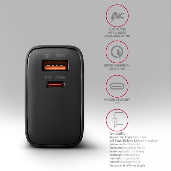 Axagon ACU-PQ45 QC 3.0, 4.0/AFC/FCP/PPS/PD, 45W, schwarz - Netzladegerät mit USB-A und USB-C Schnittstelle Mobiltelefon, Smartphone, SmartWatch, Tablet, Universel Sort Vekselstrøm Hurtig opladning Indendørs