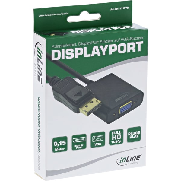 InLine 17197B videokabel adapter 0,15 m VGA (D-Sub) DisplayPort Sort