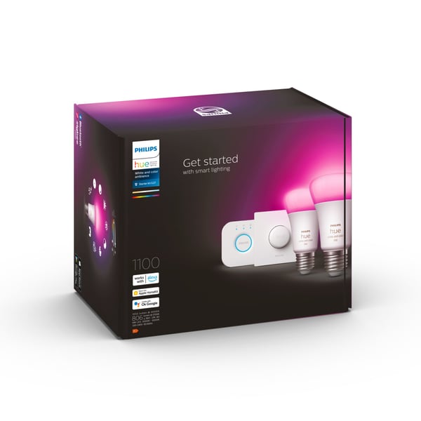 Philips Hue White and Color ambiance Startsæt: 2 x E27 pærer (1100) + Smart button