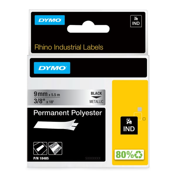 DYMO Industriella, permanenta Rhino-polyesteretiketter | 9 mm × 5,5 m | Svart text på metallisk tejp | Självhäftande | För Rhino- och LabelManager-etikettskrivare DYMO Industriella, permanenta Rhino-polyesteretiketter | 9 mm × 5,5 m | Svart text på metallisk tejp | Självhäftande | För Rhino- och LabelManager-etikettskrivare