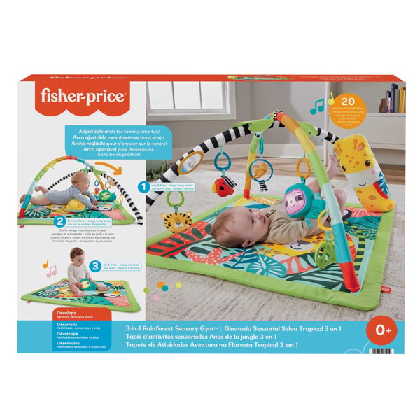 Fisher-Price 3-i-1-gym för baby och småbarn, lekmatta och sensoriska leksaker för lek på mage, regnskog