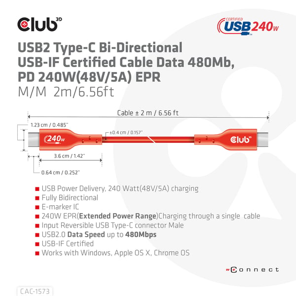 CLUB3D CAC-1573 USB-kaapeli USB 2.0 2 m USB C 0,48 Gbit/s 240 W Punainen