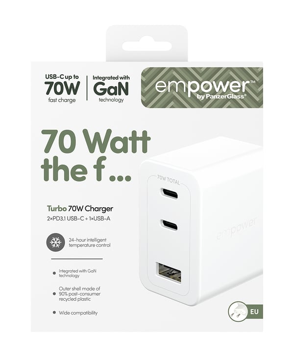 PanzerGlass empower™ by ® Turbo 70W Multiple Charger incl. 2 x USB-C + USB-A | EU Plug | Silver White Älypuhelin Valkoinen AC Pikalataus Sisätila