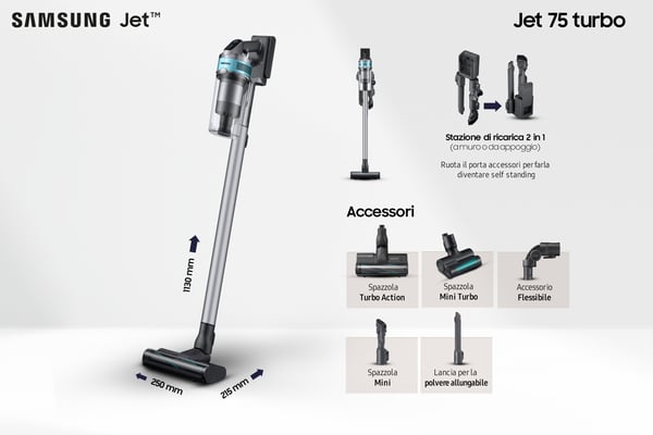 Samsung Jet 75 turbo Stick vakuum Batteri Dry HEPA Poseløs 0,8 L 550 W Sort, Krom, Mintfarve, Teal