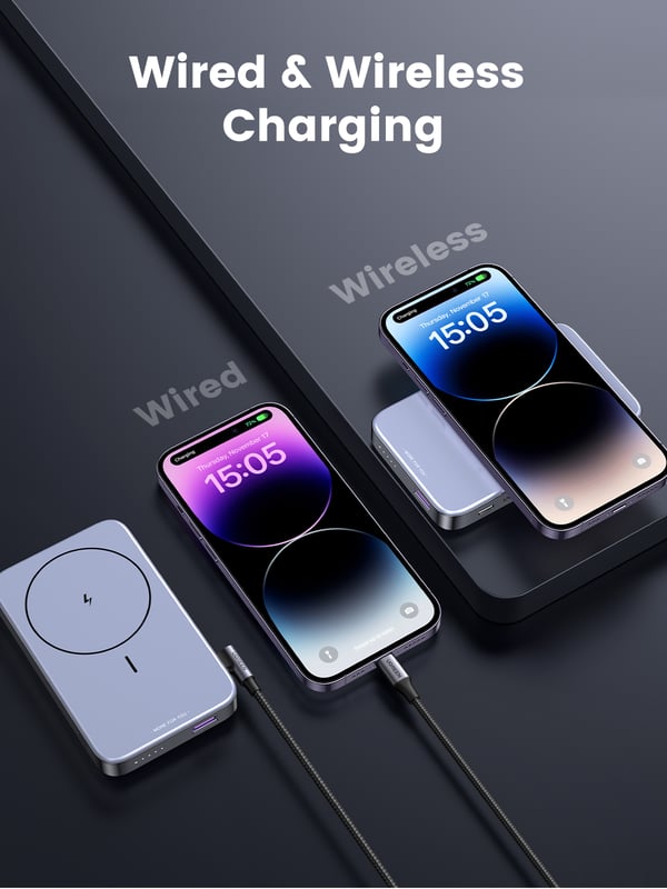 Ugreen 10000mAh Mini Powerbank Wireless 20W with MagSafe grey Lithium polymer (LiPo) Trådløs opladning Grå