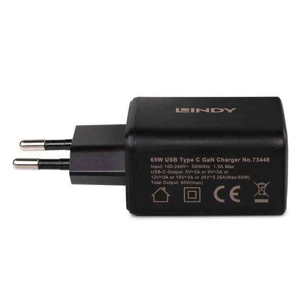 Lindy 65W USB Type C GaN-oplader med EU-stik