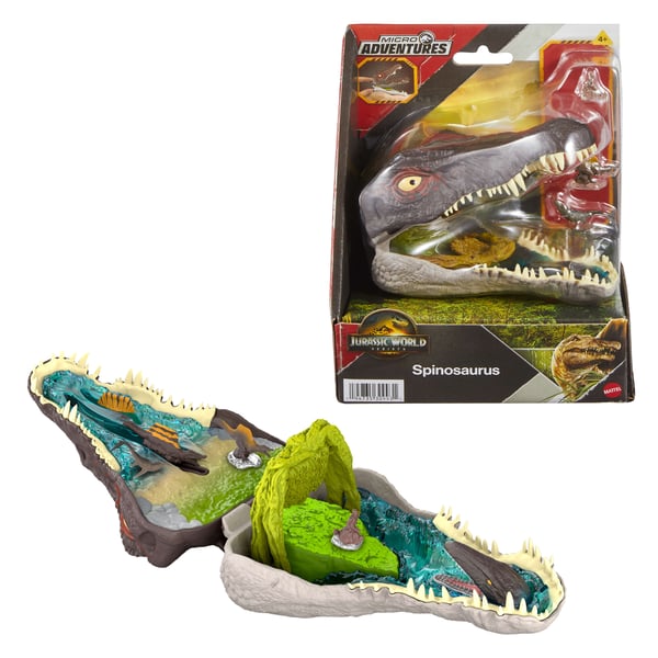 Jurassic World Rebirth Micro Adventure -lelupakkaus, Spinosauruksen pää, interaktiivisia ominaisuuksia ja hahmoja