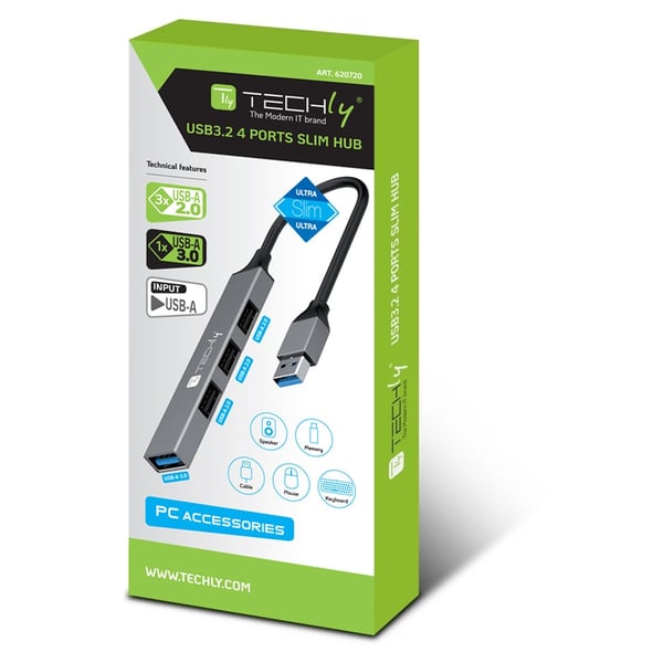 Techly USB-A 3.2 -keskitin, 4 ohutta metallista USB-A-porttia