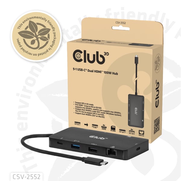 CLUB3D CSV-2552 gränssnittshubbar USB Type-C 5000 Mbit/s Svart