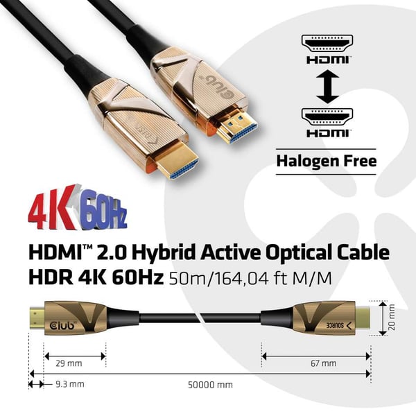 CLUB3D HDMI 2.0 UHD Active Optical Cable HDR 4K 60Hz M/M 50m/164,04ft