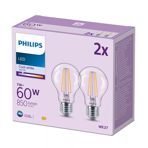 Philips Hehkulankalamppu, kirkas 60 W A60 E27 x2