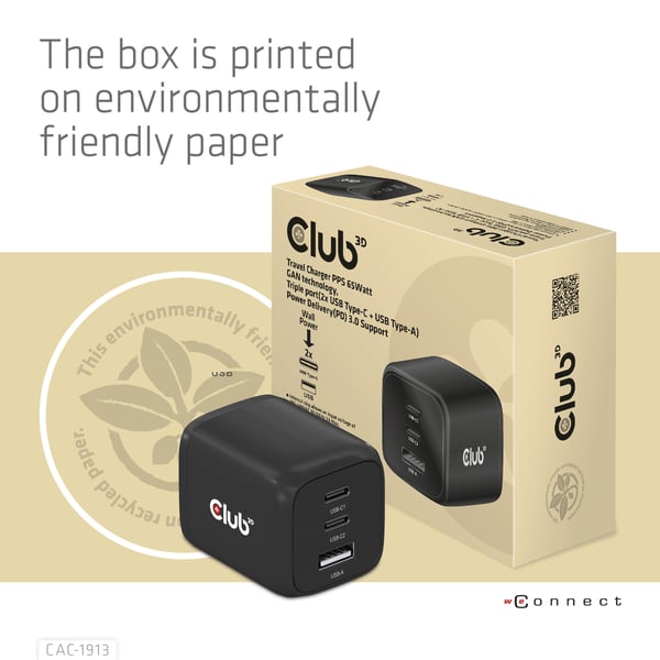 CLUB3D Travel Charger PPS 65Watt GAN technology, Triple port (2x USB Type-C + USB Type-A) Power Delivery(PD) 3.0 Support