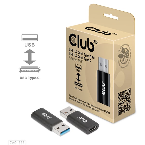 CLUB3D CAC-1525 kabelomvandlare (hane/hona) USB A USB TYPE C Svart