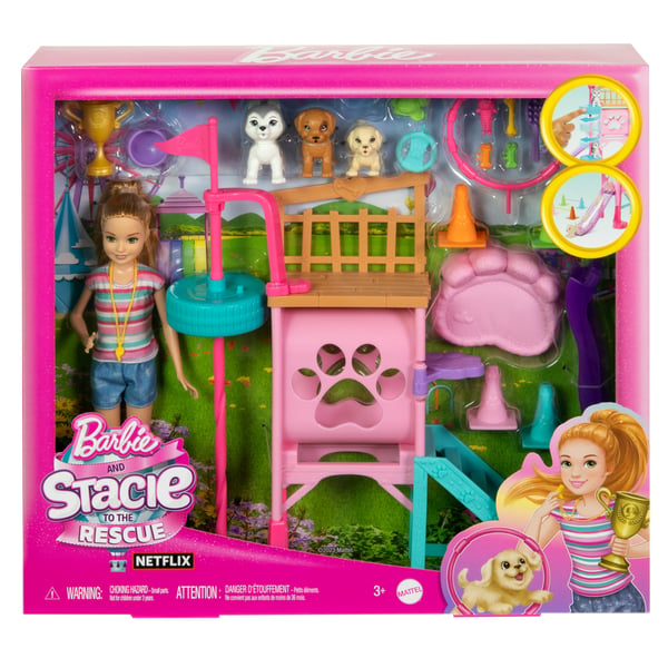 Barbie and Stacie to the Rescue-legesæt med legeplads til hundehvalpe med dukke, 3 hundefigurer og tilbehør