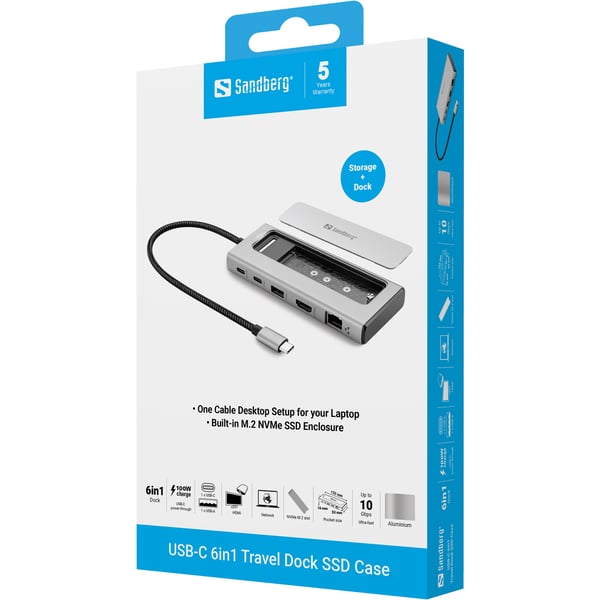 Sandberg 136-82 kannettavien tietokoneiden telakka ja porttitoistin Langallinen USB 3.2 Gen 2 (3.1 Gen 2) Type-C Harmaa
