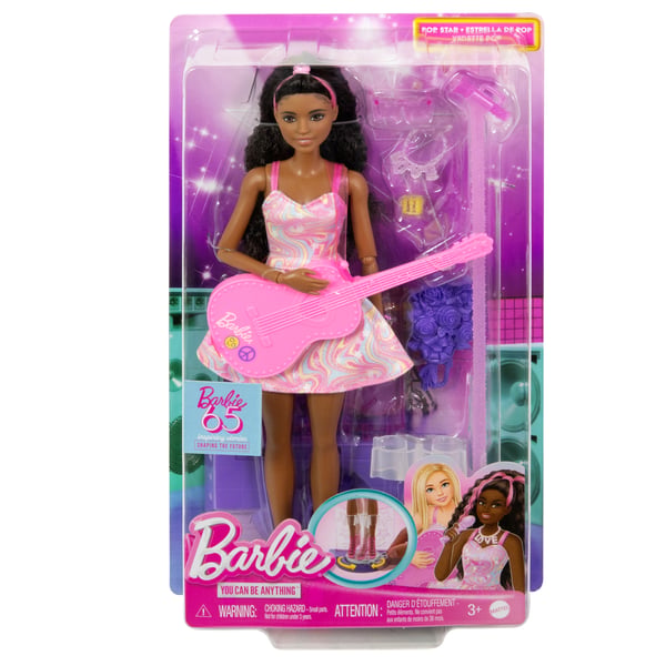 Barbie 65-års jubilæumskarrieredukke, popstjernedukke og 10 stk. tilbehør, herunder scene med bevægelsesfunktion