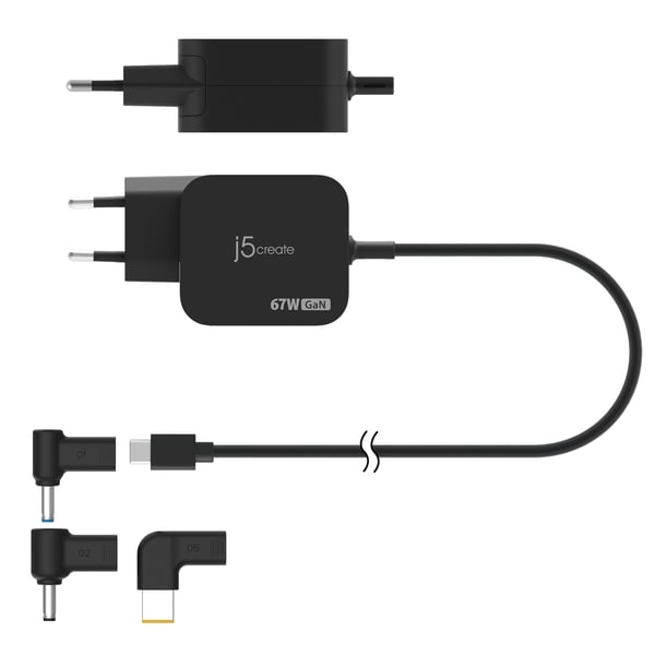 j5create JUP1565DCE3A-EN 67W GaN PD USB-C® minioplader med 3 forskellige jævnstrømsstik - EU