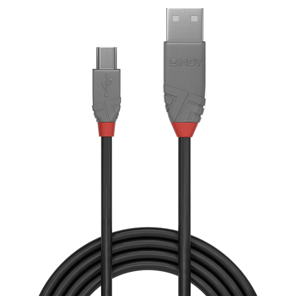 Lindy 36723 USB-kabel USB 2.0 2 m USB A Mini-USB B 0,48 Gbit/sek. Sort, Grå