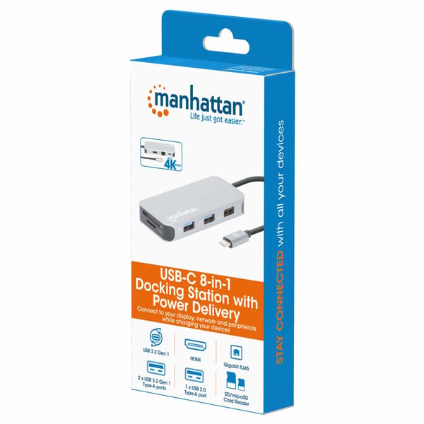 Manhattan 130615 kannettavien tietokoneiden telakka ja porttitoistin Langallinen USB 3.2 Gen 1 (3.1 Gen 1) Type-C Alumiini