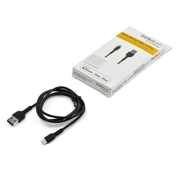 StarTech.com 1m tålig svart USB-A till Blixtkabel - Tungt, robust aramifiber USB typ A till Blixtladdare/synkron strömsladd - Apple MFi-certifierad iPad/iPhone 12