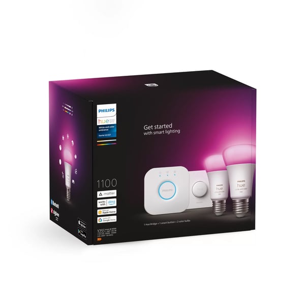 Philips Hue White och Color Ambiance Startpaket: 2 st E27 ljuskällor (1100lm) + Smart button
