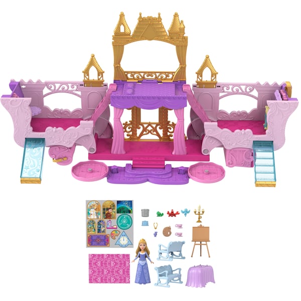 Disney Princess Disney-prinsessojen vaunuista linnaksi muuntuva lelupakkaus, Aurora-pikkunukke, 4 hahmoa ja 3 tasoa