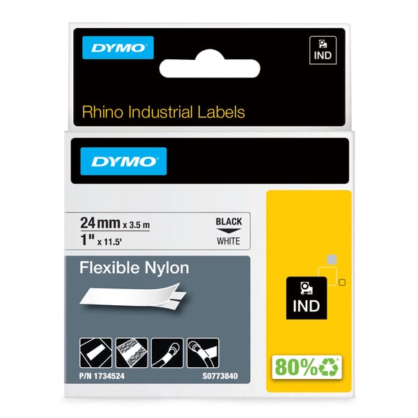 DYMO Rhino industrielle fleksible nylonetiketter | 24 mm x 3,5 m | Sort tekst på hvid | Selvklæbende | til LabelManager & Rhino labelmaskiner