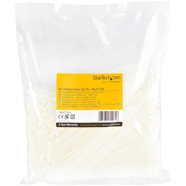 StarTech.com 1000-pack 6" (15 cm) buntband - 1/8" (3,6 mm) breda, 1-3/8" (39 mm) buntdiameter, 40 lb (18 kg) draghållfasthet, självlåsande nylonbuntband med böjd spets, UL-godkända, vitt - TAA