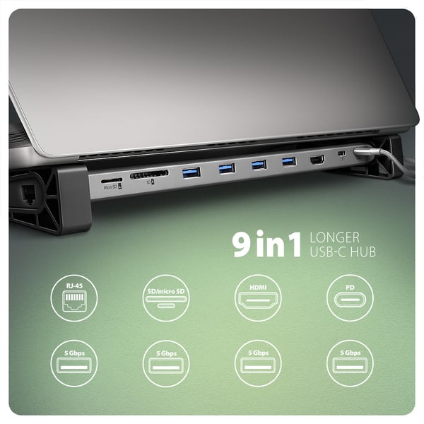Axagon HMC-10HLS kannettavien tietokoneiden telakka ja porttitoistin Langallinen USB 3.2 Gen 1 (3.1 Gen 1) Type-C Musta, Harmaa