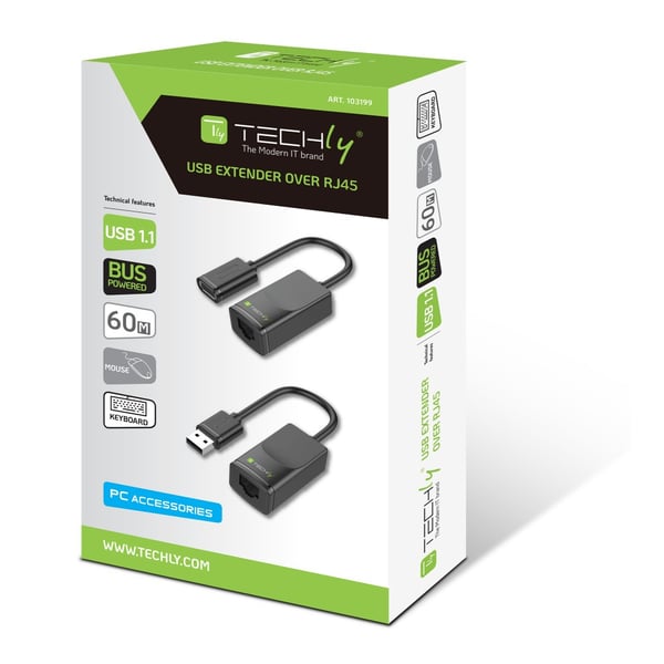 Techly IUSB-EXTENDTY2 kabelomvandlare (hane/hona) RJ-45 USB 2.0 Type-A Svart