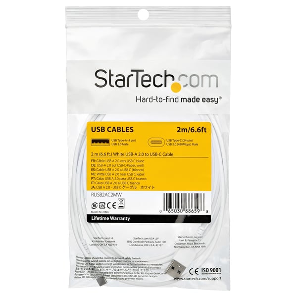 StarTech.com 2 m (USB-A till USB-C-snabbladdningskabel, robust, laddning och synkronisering, 3 A, USB 2.0, vit TPE-mantel och aramidfiber - USB-laddningssladd