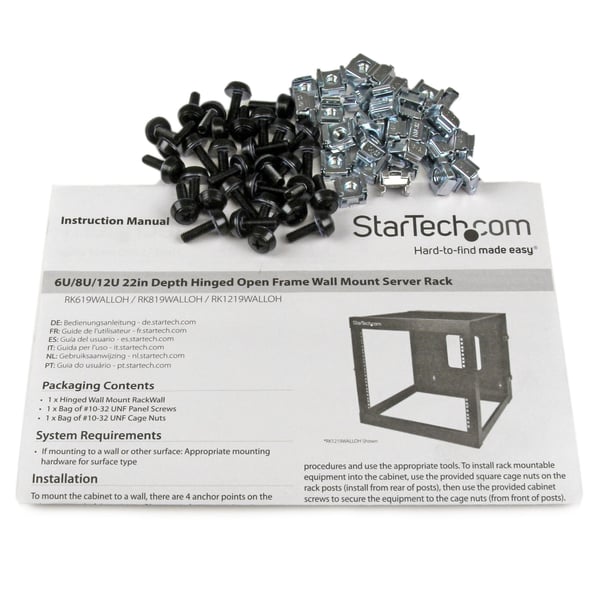 StarTech.com Väggmonterat 6U-nätverksrack med fyra stolpar, 19-tums serverrack med öppen ram och 50 cm monteringsdjup, väggmonterat och utsvängbart datarack för IT/AV/patchpanel/datorutrustning