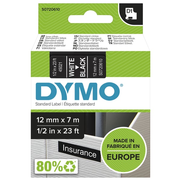 DYMO D1 - vakiopolyesteritarrat - Valkoinen mustalla -12mm x 7m