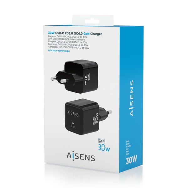 AISENS ASCH-30W1P036-BK oplader til mobil enhed Universel Sort Vekselstrøm Hurtig opladning Indendørs