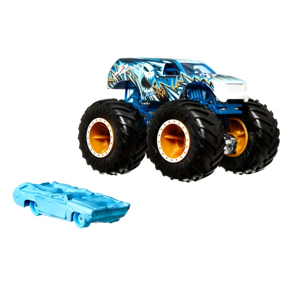 Hot Wheels Monster Trucks Hot Wheels-monstertruckar, fordon skala 1:64, 2-pack, 1 formgjuten truck och 1 bil