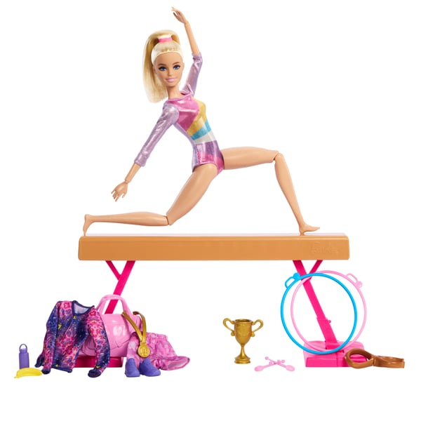 Barbie Gymnastiklegesæt med lyshåret modedukke, balancebom, over 10 stk. tilbehør og saltomortalefunktion