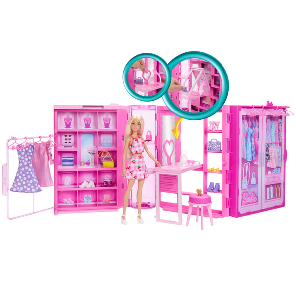 Barbie Dream Closet, legetøjssæt med modedukke, tøj og tilbehør, ca. 91 cm bred med over 25 dele