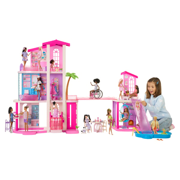 Barbie Dreamhouse-dockhus, 2 pooler, 2 rutschkanor, 2 hus, hiss med 3 våningar och över 65 delar, inklusive möbler och tillbehör