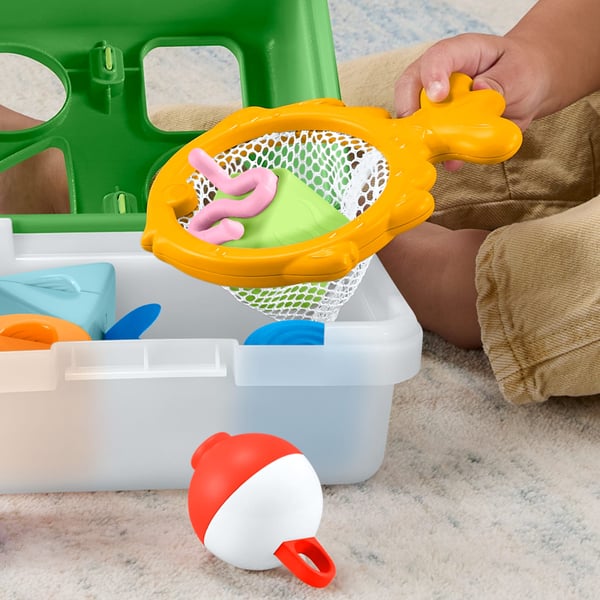 Fisher-Price Kompisskogens fiskelåda, babyleksak med 6 klossar och fisknät