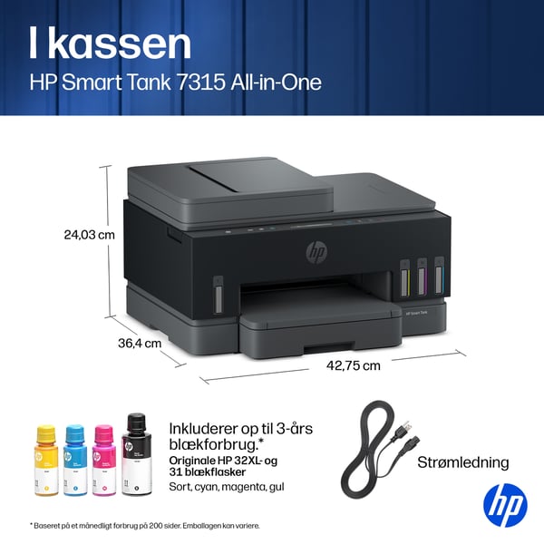 HP Smart Tank 7315 Wireless All-in-One Farve Printer, Up to 2 Years of ink included; Two-sided printing; Copier, Scanner