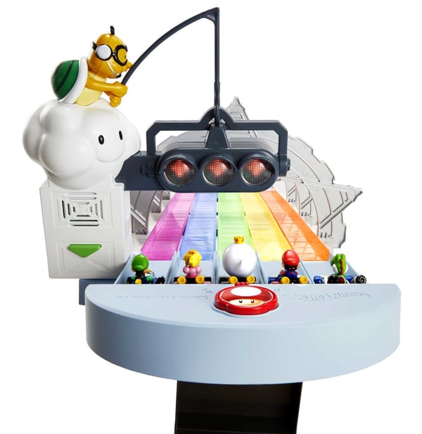 Hot Wheels Mario Kart Rainbow Road Raceway-sæt med 2 køretøjer i størrelsesforholdet 1:64