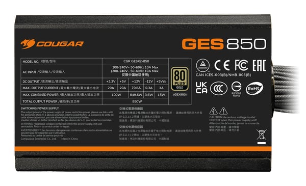 COUGAR GES 850 enhed til strømforsyning 850 W 20+4 pin ATX ATX Sort