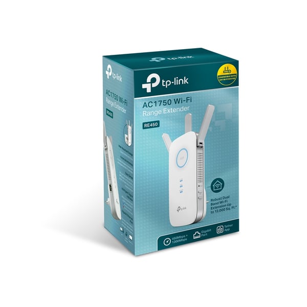 TP-Link RE450 Verkkolähetin ja -vastaanotin Valkoinen 10, 100, 1000 Mbit/s